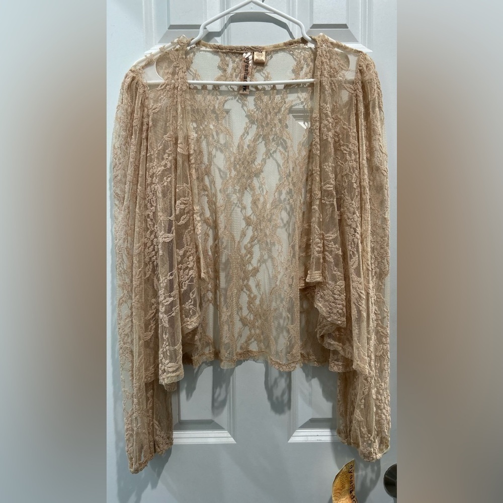 NWT Eyeshadow Beige‎ Lace Cardigan Sz L Boho Hippie Free Spirit Whimsical Fairy
